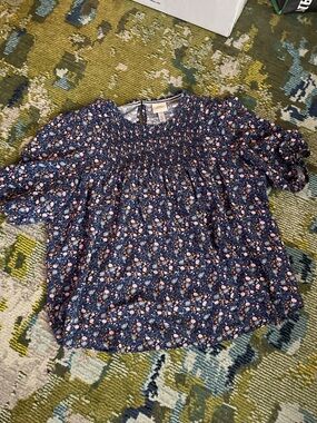 Knox Rose Navy Floral Smocked Blouse with Pink and White Accents